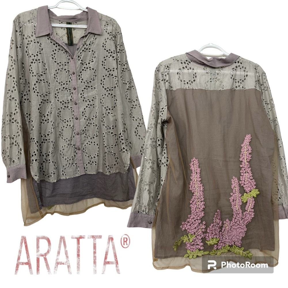Aratta silent journey silk sheer embroidered collared tunic top
